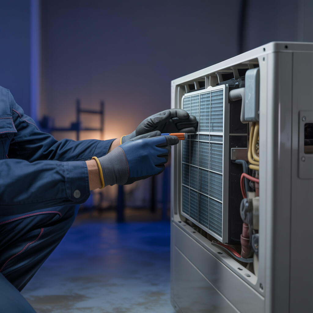 Naprawa klimatyzacji Bielsko-Biała Specjalista naprawiający jednostkę klimatyzacyjną – demontaż panelu i diagnoza usterki